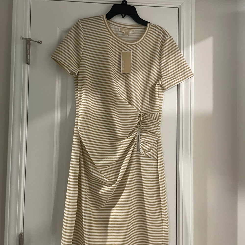 Michael Kors Striped Print Side Ruched Zipper Shirt Dress